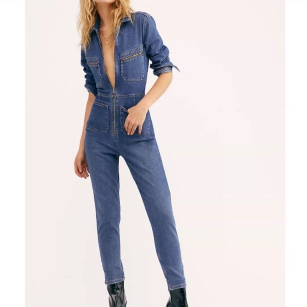 Free People Lennox Denim Fitted Jumpsuit Coverall